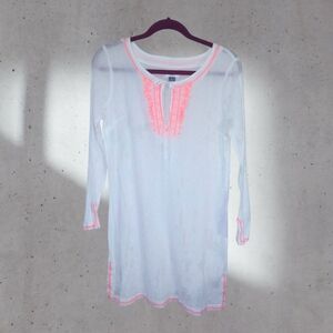 Old Navy sizeM White Gauze Tunic w/ Orange Embroidery Long Sleeve Swimsuit Cover